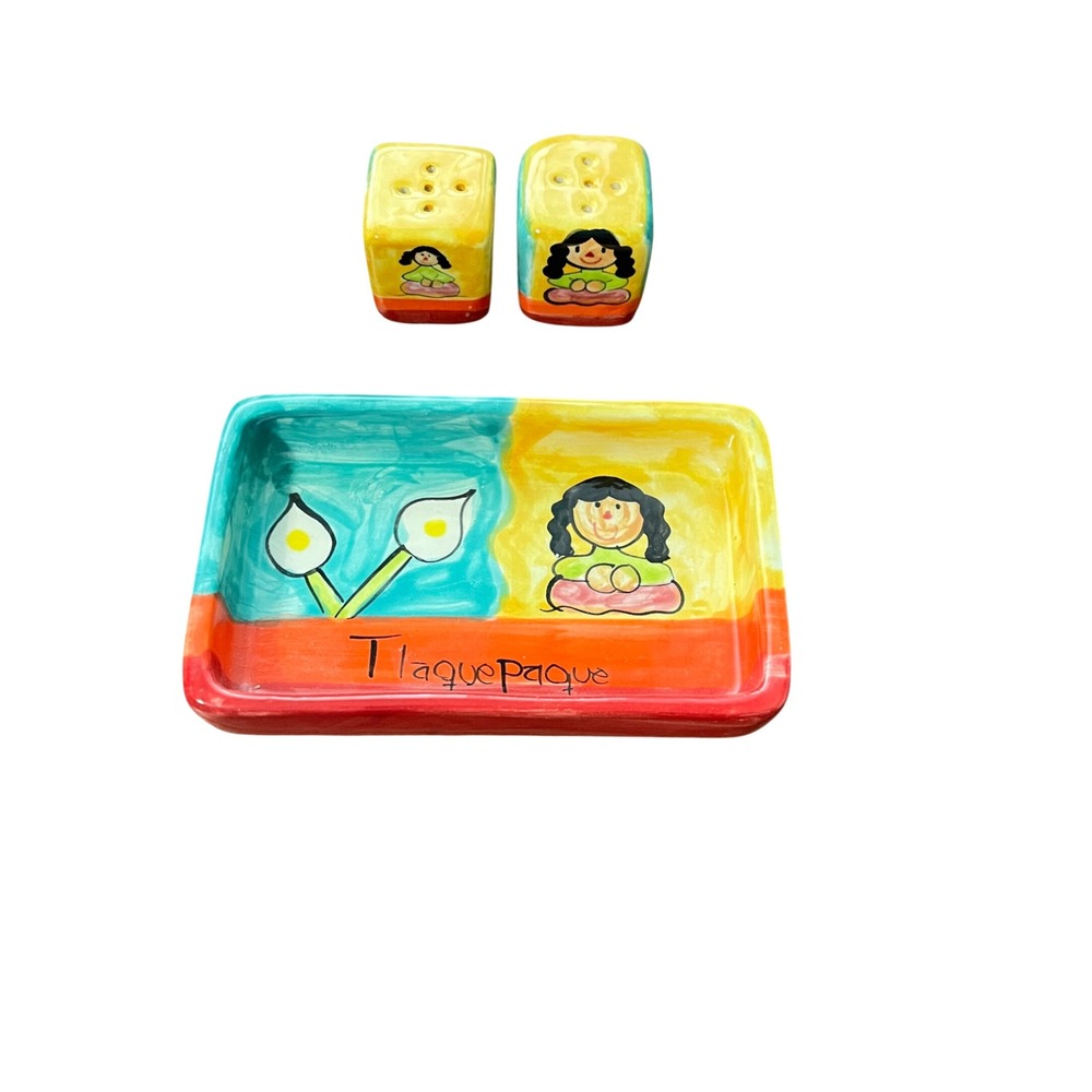 Tlaquepaque Salt and Pepper Shaker Set with Tray Multicolor Folk Art‎ Girl Lily